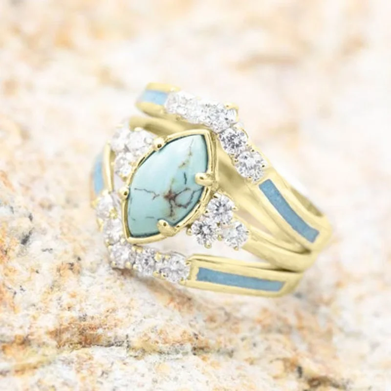 

3 Pieces/Set Women Gold Multilayer Hollow Turquoise Rings with Delicate Moissanite Ethnic Anniversary Wedding Rings
