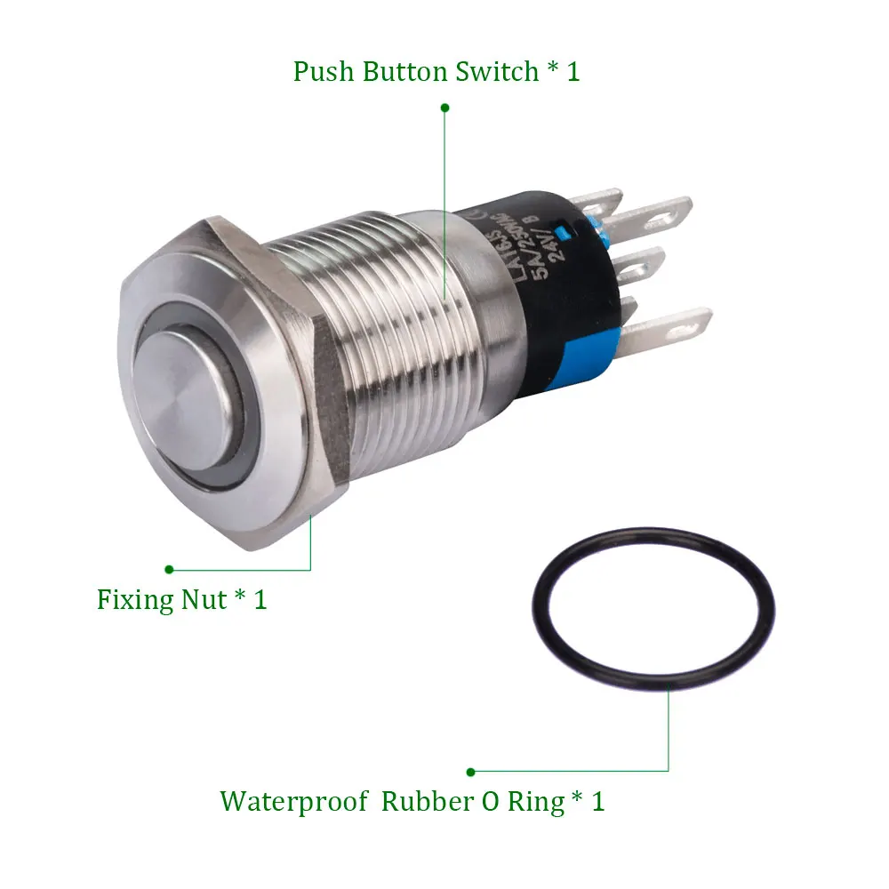 16mm Self Lock Reset Stainless Steel Metal Push Button Switch Nickel Plated Brass 12V 36V With Ring Led Light Power |