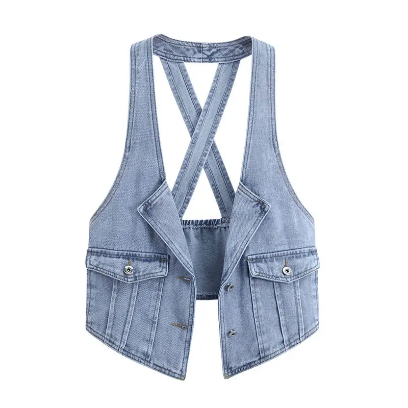 

YASUGUOJI Vintage Denim Vest Women Spring Autumn Fashion Femme Slim Sleeveless Jacket Casual Short Jeans Waistcoat Ladies Tops