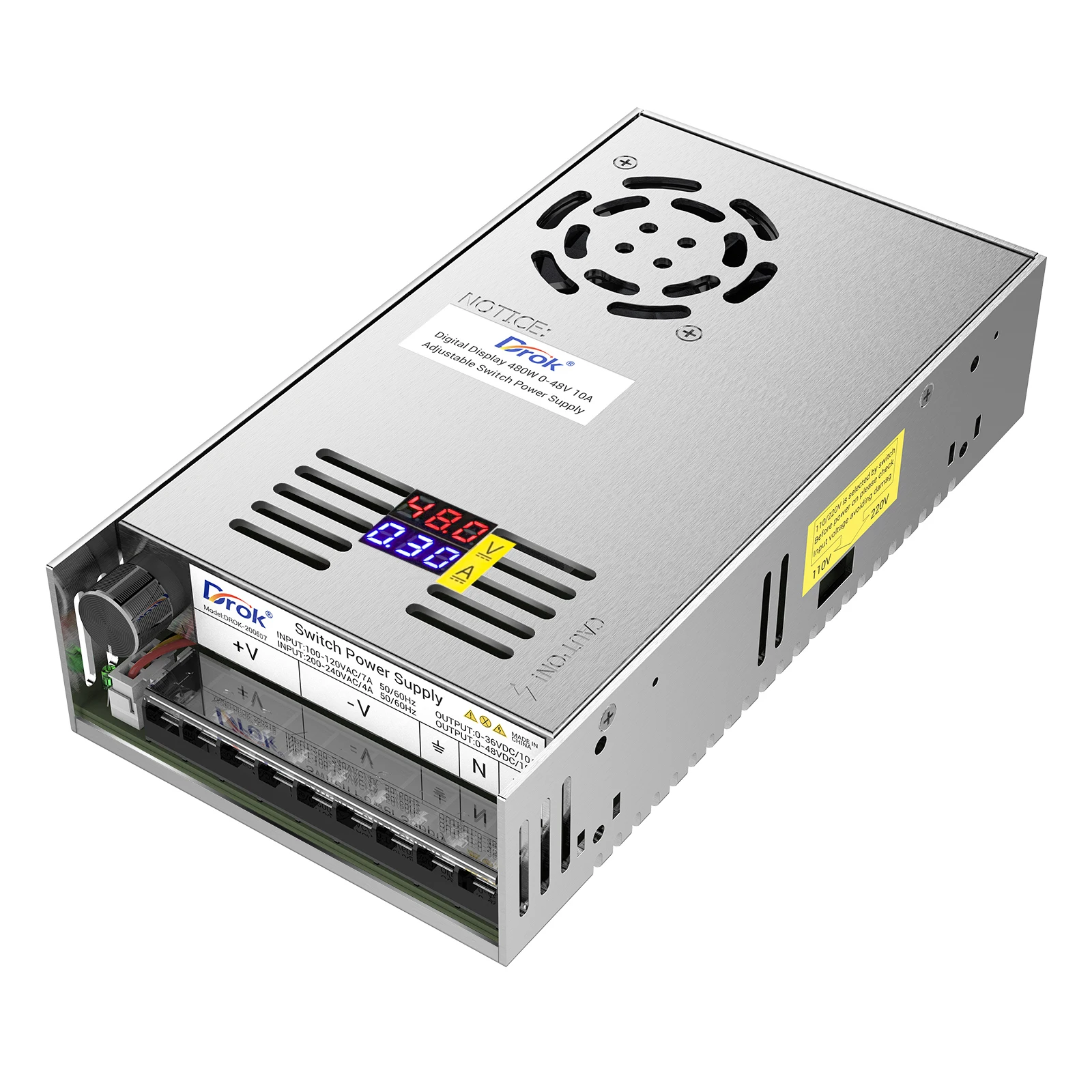 Источник питания DROK 48 В переменного тока 110 В/220 В в постоянный ток 0-48 в 10 А 480 Вт понижающий преобразователь двойной дисплей, переменный Регулируемый трансформатор переключатель