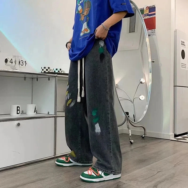 Jeans Men Print Fashion Hip Hop Spring Retro Male Trouser Teens High Street Pantalones Cool All-match Drawstring Summer Denim