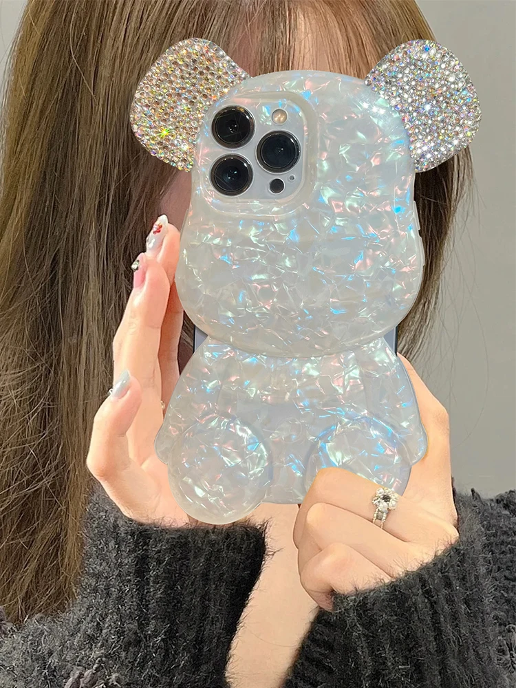 

3D Bear Stylish Bling Glitter Diamond Colors Shell Conch Pattern Soft Case For iPhone 11 12 13 Pro XR X XS MAX Cute Back Cover