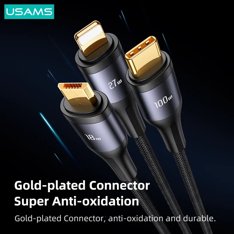 USAMS U83 100W 3 In 1 Digital Display Cable PD QC Fast Charge Type C Cable For iPhone 14 Pro Max 13 12 11 Xiaomi Huawei Samsung
