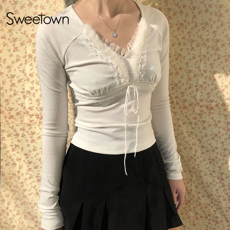 Женская футболка с длинным рукавом кружевной отделкой