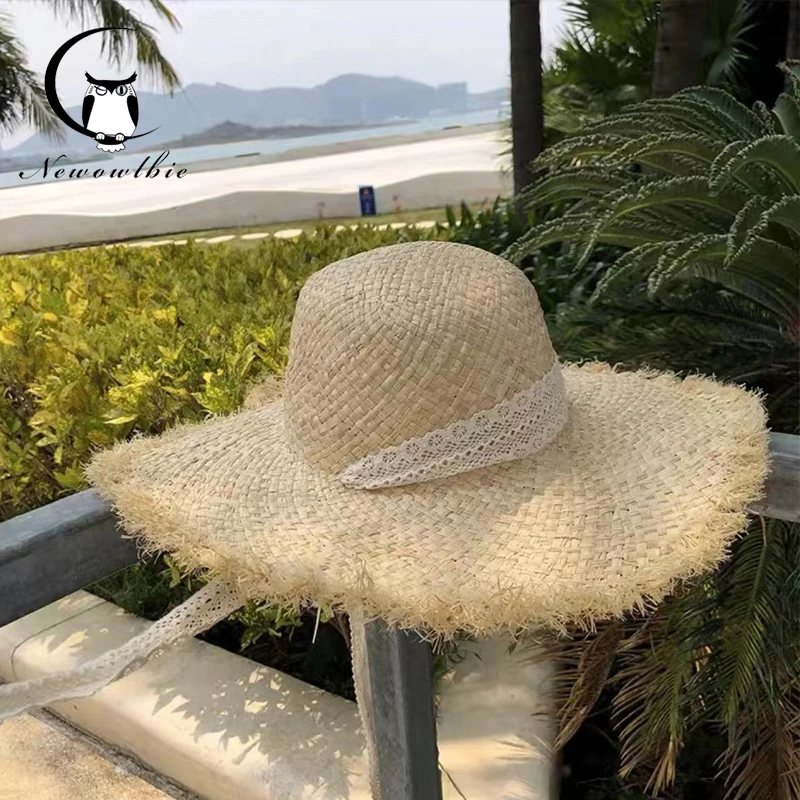 

Summer Women's Lafite Straw Hat Beach Vacation Small Fresh Weaving Lace Straw Hat Large brim Hat Sunshade Hat Beach Hat