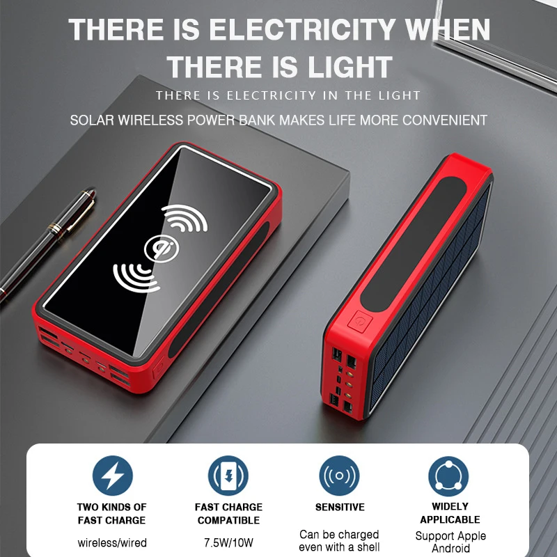 50000mAh Wireless Solar Power Bank External Battery Portable PowerBank 4USB Convenient Travel For iPhone Samsung Huawei Xiaomi