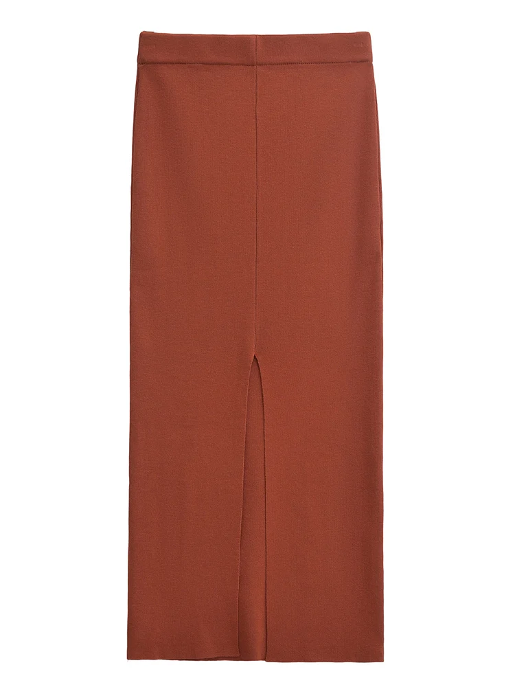 Женский эластичный вязаный жилет и трикотажная юбка с разрезом средней посадки |