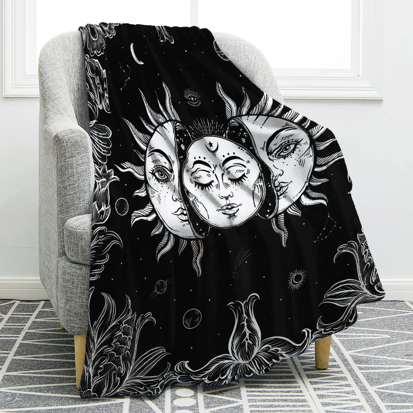 

Sun Moon Stars Mandala Space Black White Flannel Throw Blanket Couch Bed Sofa Travelling Camping for Kids Adults Psychedelic