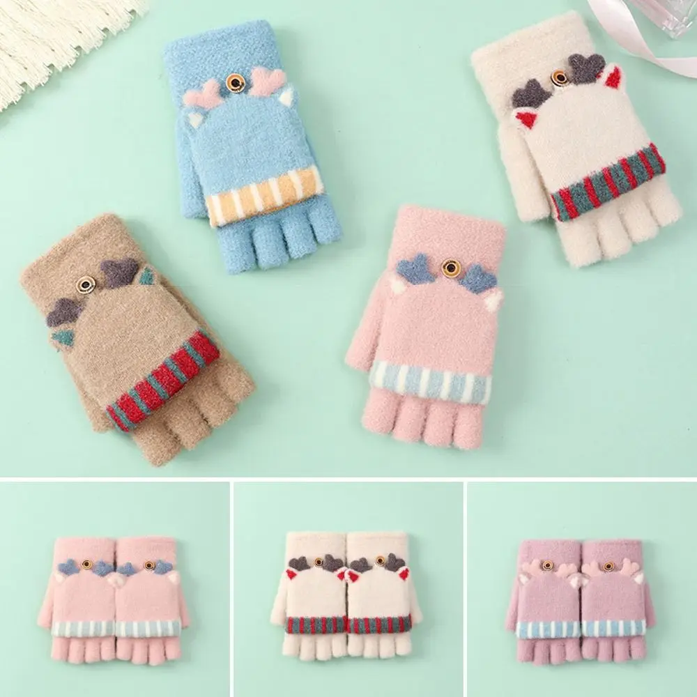 

One Size Fits All Winter Knitted Christmas Cute Half-finger Flap Gloves Cartoon Warm Gloves
