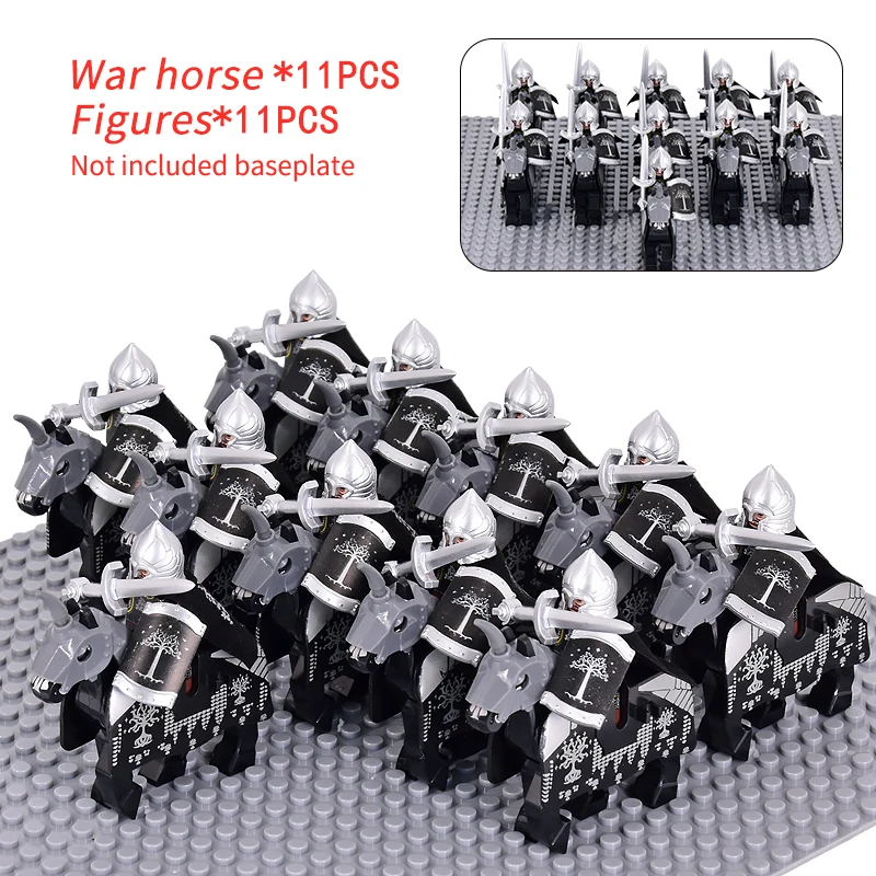 

MOC Medieval Gondor Knights lotr Figures Set Warrior Armored Soldiers War Horse Army Weapons Shield Sword Helmet Bricks Toys