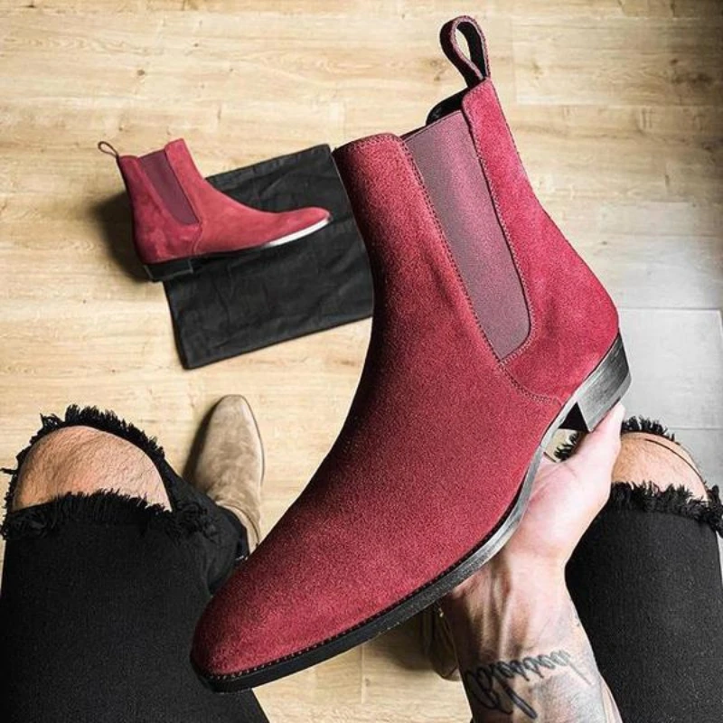 Red Faux Suede Cowboy Ankle Vintage Boots Slip On Shoes For Men With Free Shipping Men Boots