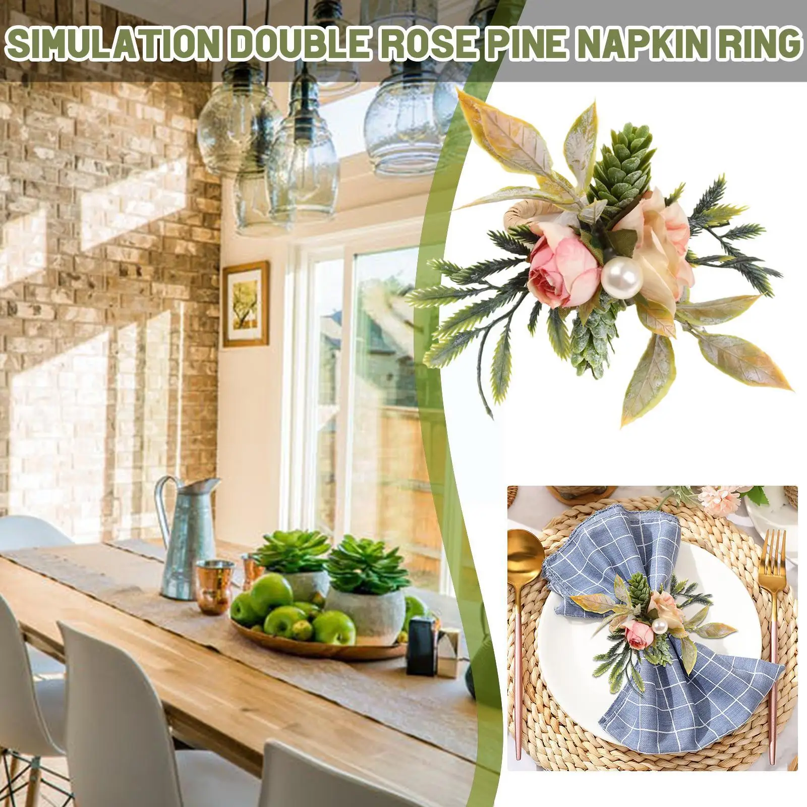 

4pcs Double Rose Napkin Rings, Pink Flower Napkin Rings With Berries & Green Leaves, Napkin Ring Holders For Table Decorati C6W4