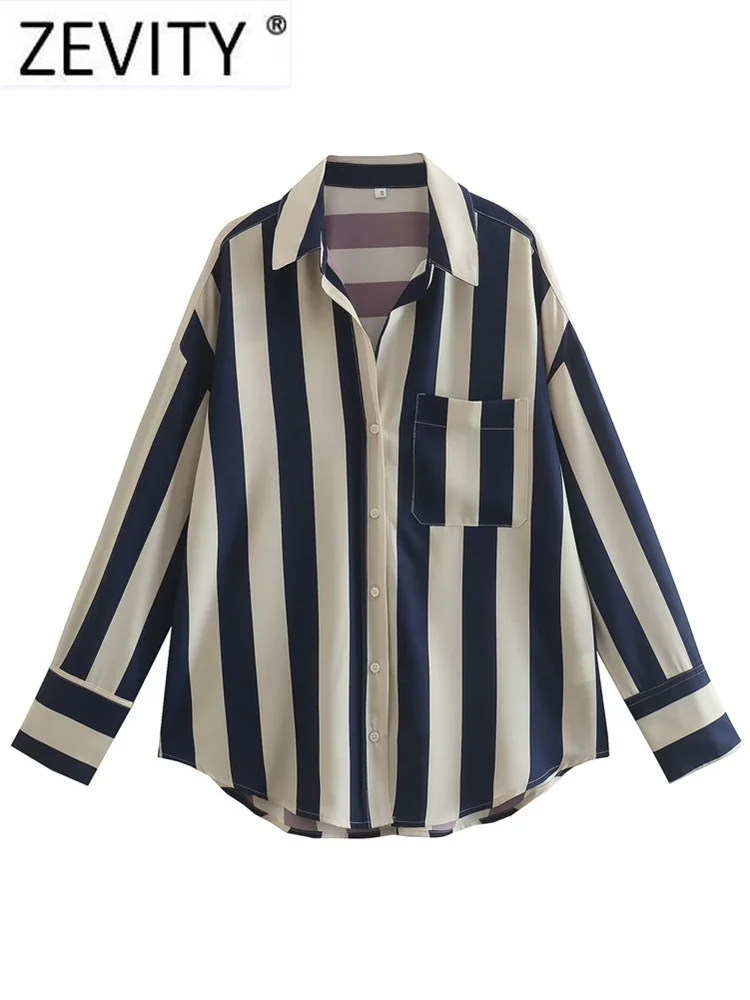

Zevity New Women Fashion Single Pocket Patch Striped Print Smock Blouse Office Lady Shirt Chic Casual Chemise Blusas Tops LS3109