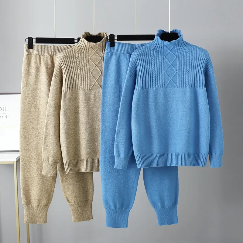 

Knit Two Piece Set Half Turtleneck Loose Sweater Matching Sets High Waist Slim Pant Sets Autumn Winter Warm Ensemble Femme Hiver