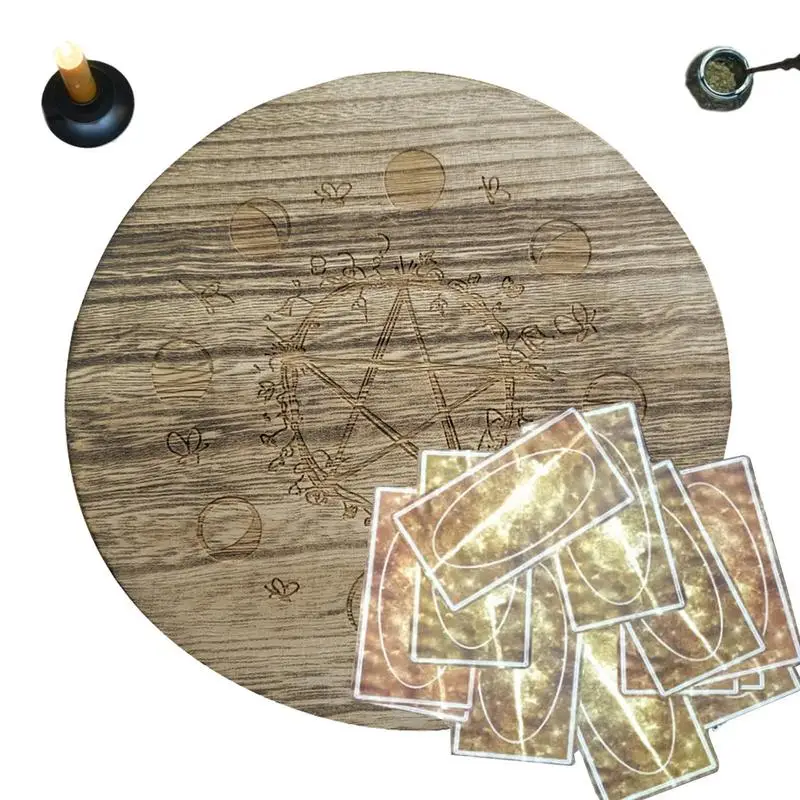 

Star Pendulum Board Dowsing Round Wooden Carving Board Moon Phase Wooden Tray Candle Holder Wiccan Altar Supplies For Placing