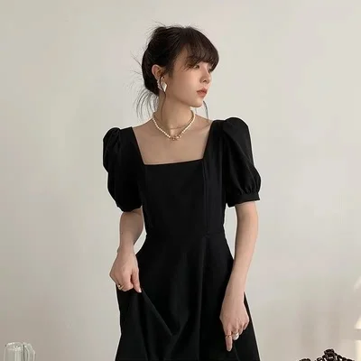 

Summer women's black dress New French retro elegant square collar belted waist long Hepburn style little black dress