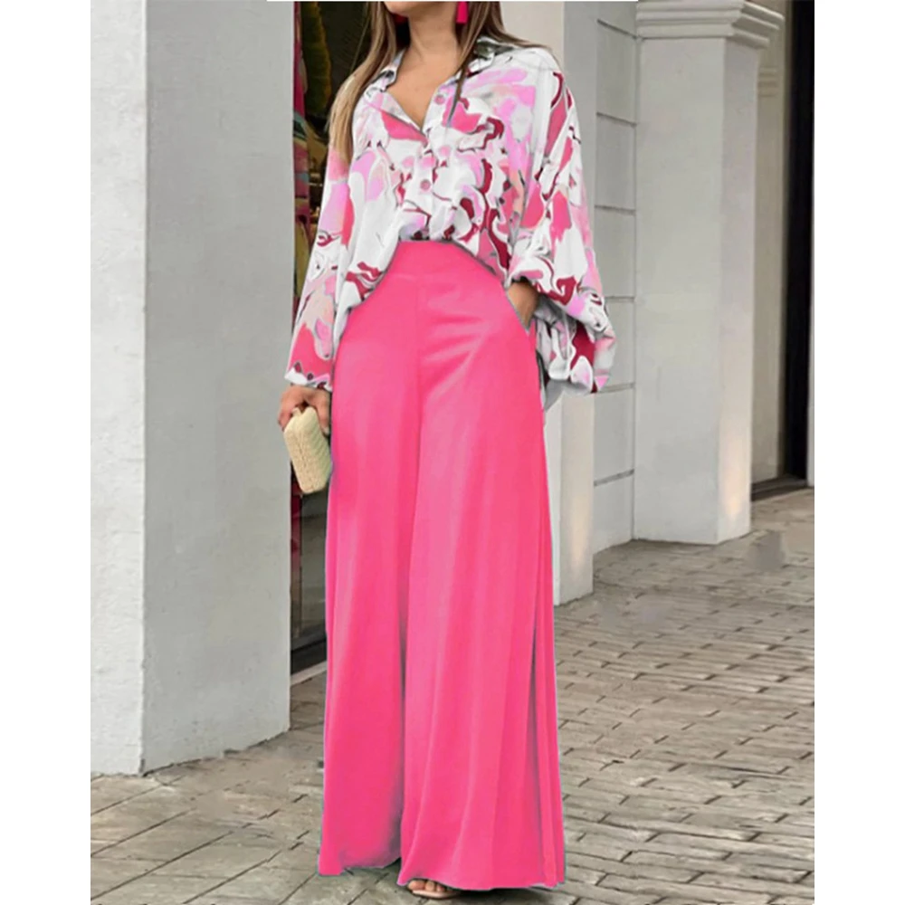 2023 Casual New Women Floral Print Long Sleeve Shirts Top & High Waist Wide Leg Pants Sets Oversized 2 Pieces Woman Summer