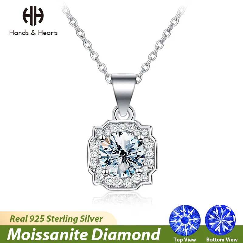 

H & H Real 1ct Moissanite Diamond Gemstone Pendant for Women 925 Sterling Silver Chain Halo Necklace Wedding Luxury Fine Jewelry