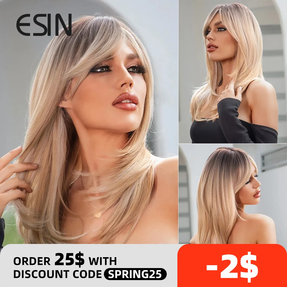 

ESIN Synthetic Wig Long Brown Wigs for Women Ombre Layered Hair with Dark Roots