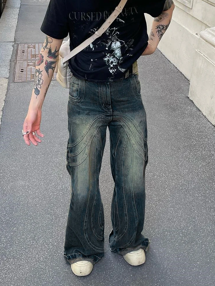 2023 Retro Blue Baggy Jeans Men'S Jeans, Y2k Hip Hop Street Casual Pants Loose Wide Leg Splice Pants Multi-Pocket Sweatpants