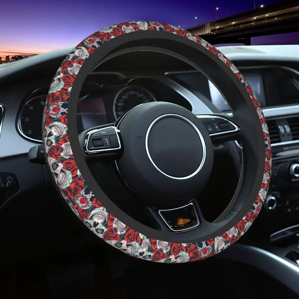 

Vintage Floral Skull Car Steering Wheel Cover 37-38 Universal Roses Steering Wheel Protective Cover Elastische Car-styling