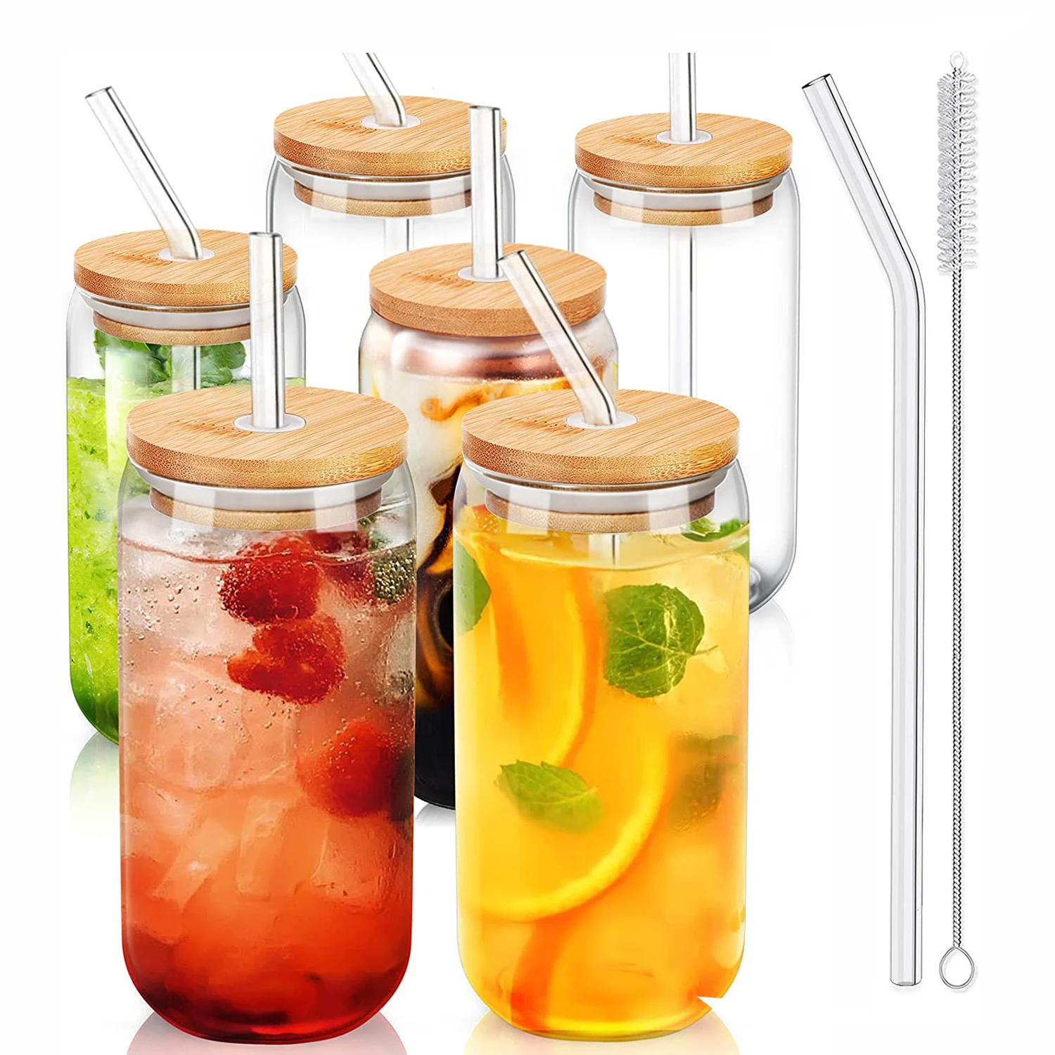 Bubble Tea Glass Drinking Cup Juice Iced Coffee Cold Boba Cups Sublimation Beer Can Shaped Glass with Bamboo Lid and Straw