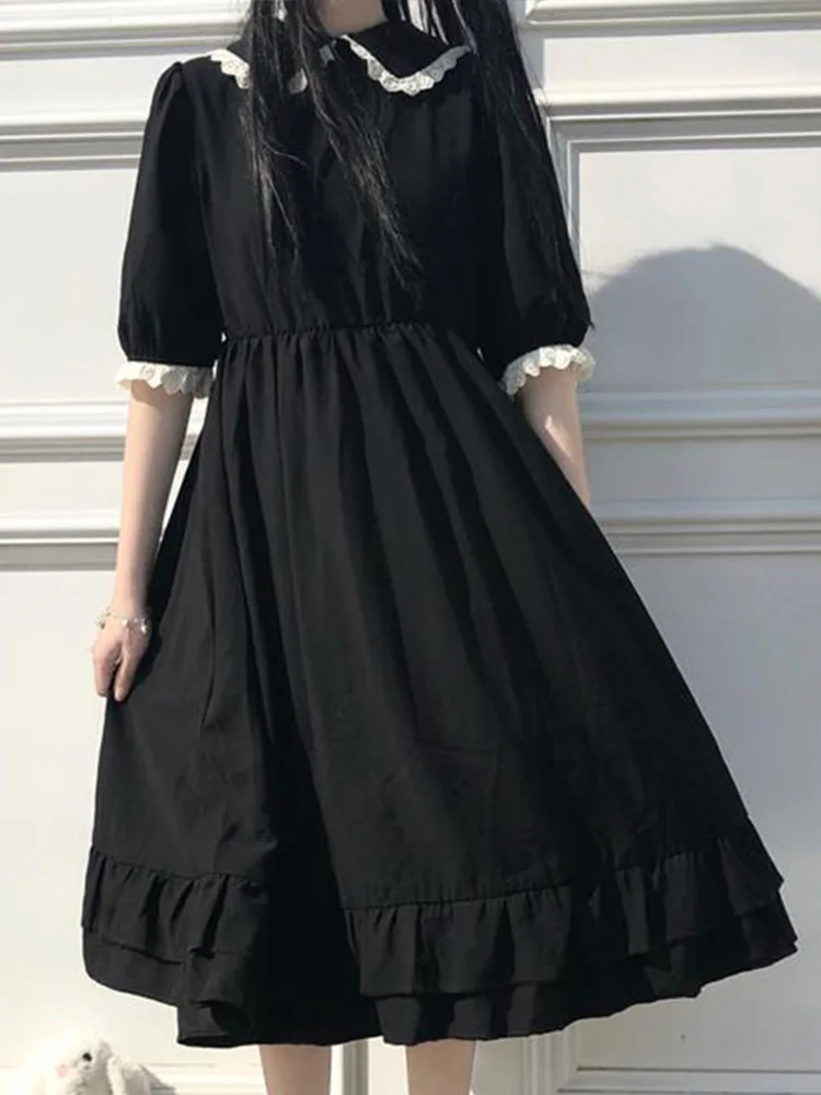 

Платье женское черное Плиссированное с коротким рукавом, миди-платье с кукольным воротником и оборками в японском стиле Харадзюку, повседн...
