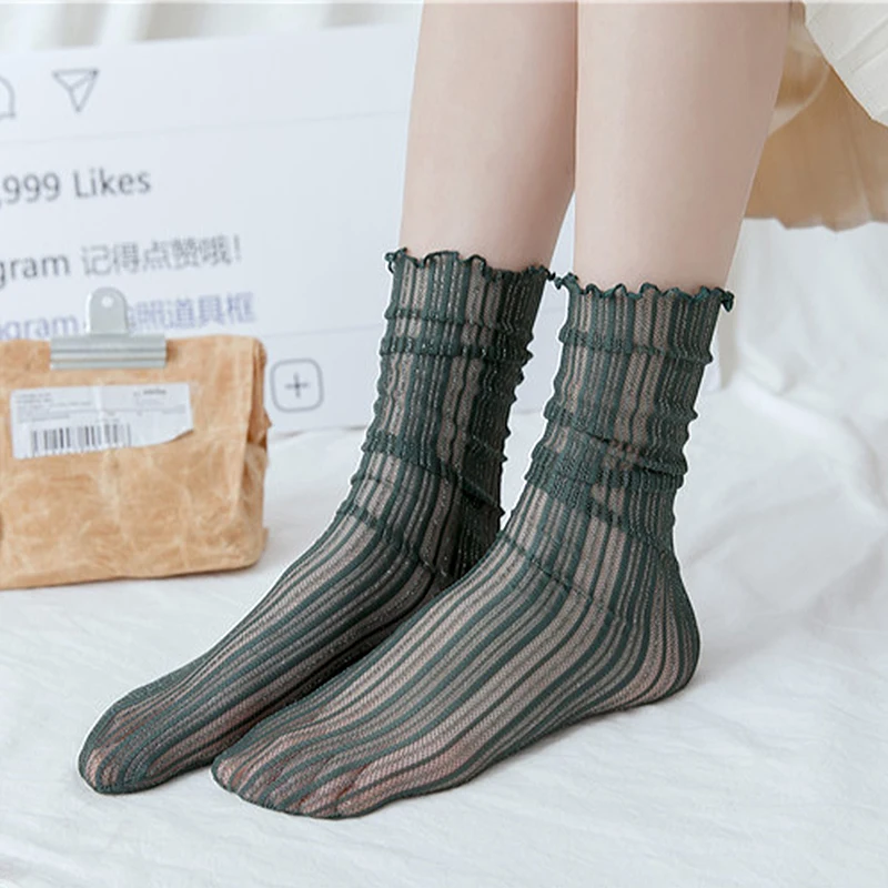 8 Pairs Transparent Glitter Socks For Women Fashion Thin Striped Mesh Stockings Female Lolita Lace Socks Filigree Loose Socks