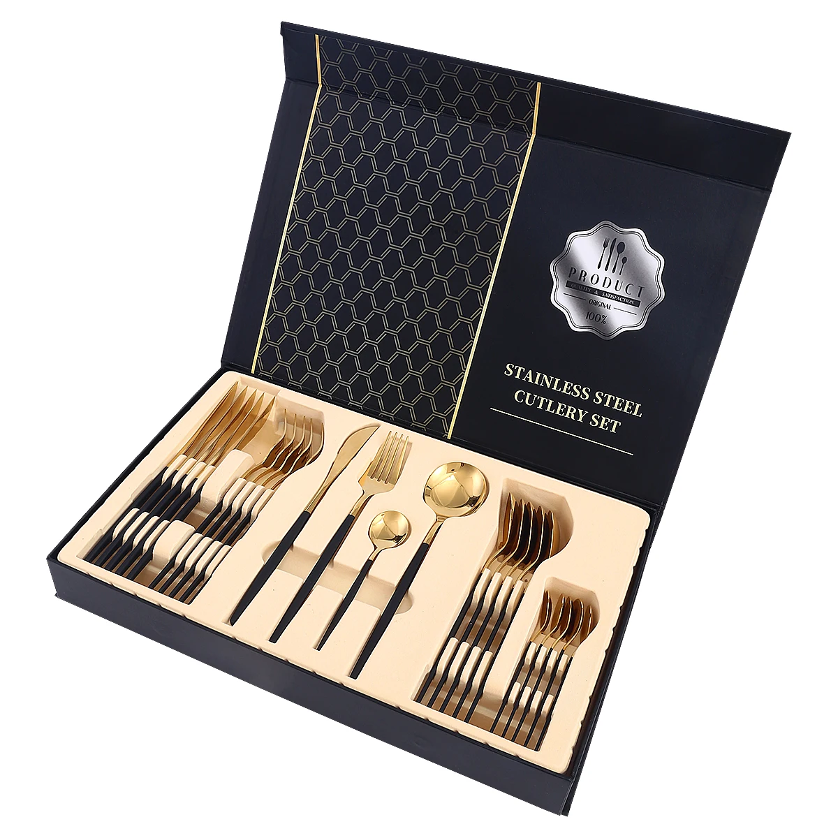 24pcs Knife Fork Spoon Gold Dinnerware Set Stainless Steel Tableware Set Food Grade Luxury  Dishwasher Safe Cutlery Set Gift Box
