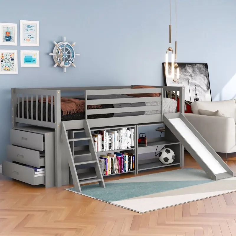 

Twin Size Low Loft Bed with Bookcase, Drawers, Ladder and Slide, Gray Base para cama Human dog bed Inflatable bed