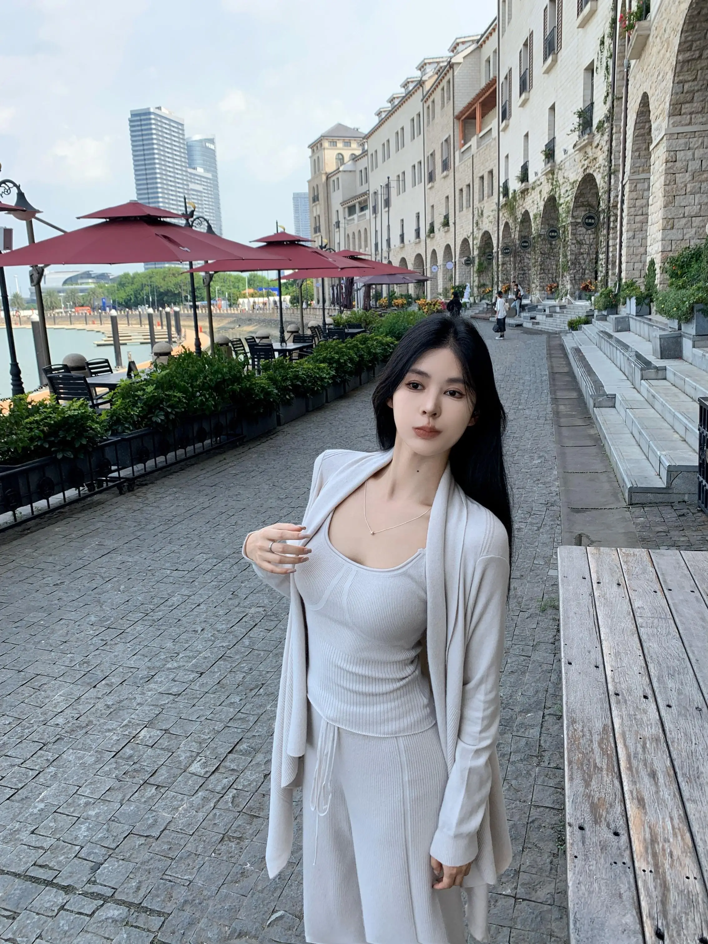Qiake Girl ~ Lazy Knit cardigan Women Slim fit Sexy Sling Autumn Elastic Waist Drawstring Pants Three-Piece Set