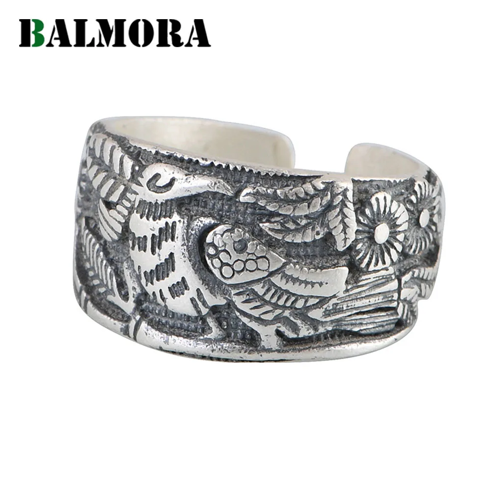 

BALMORA S990 Sterling Silver Vintage Magpie Bird Rings For Women Gril Vintage Engrave Flower Leaf Adjustable Ring Jewelry Gift