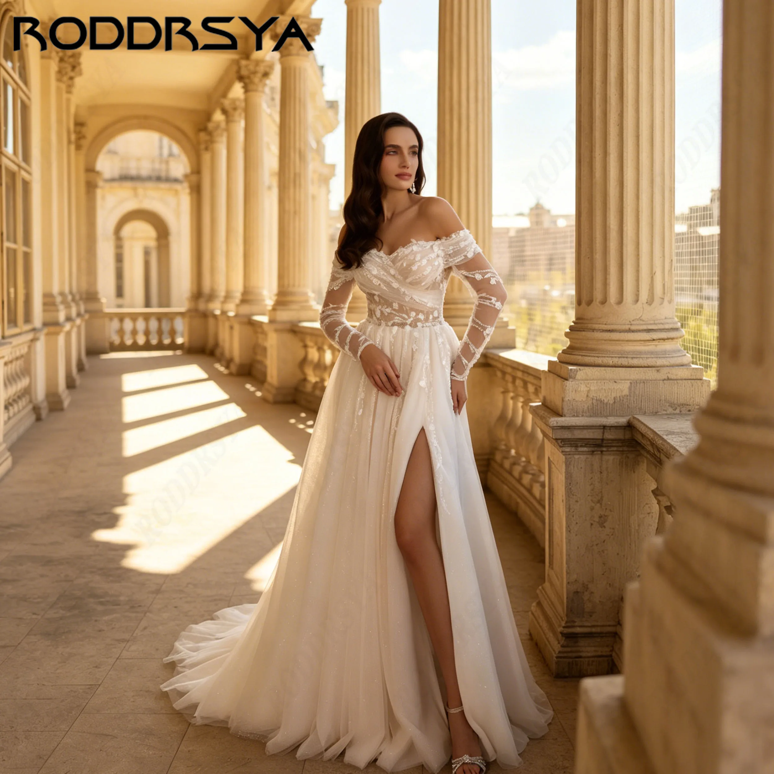 Фото RODDRSYA Романтичное свадебное платье силуэт А с объемными 3D цветочными аппликациями вырез сердце блестящий тюль открытое плечо подвенечное платье на заказ индивидуальные размеры декор под желание для романтических №1