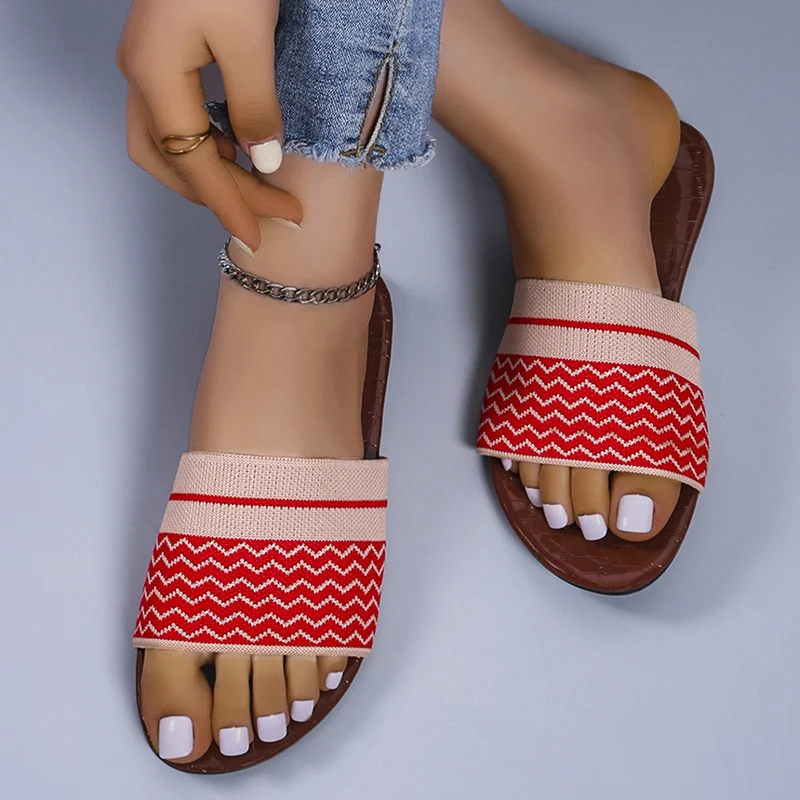 

Mesh Slides Women Striped Beach Summer Slippers 2022 New Fashion Comfort Flats Casual Large Size Indoor Home Shoes Zapatos Mujer