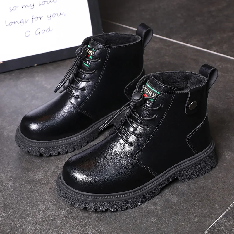 

Ботильоны для девочек с высоким верхом, Повседневные детские ботинки из флиса с подкладкой, кожаные теплые зимние ботинки для малышей, неск...