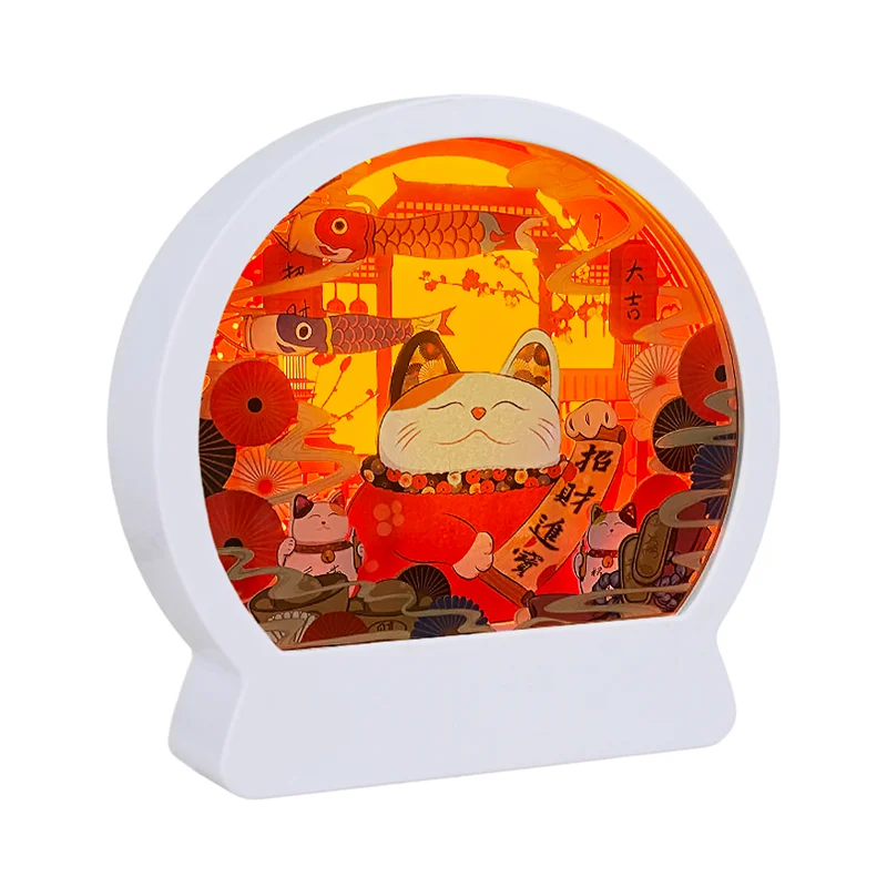 Shadow Box Frame 3D Night Light Lucky Cat Anime Lamp 7Sheets 3D Paper Carving Lamp Led Anime Shadow Boxes Kawaii Room Decor Gift