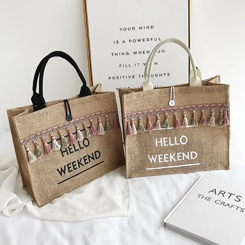 

Женские летние пляжные сумки, вместительные дамские сумочки на плечо с кисточками, льняные тоуты с надписью, Повседневная дорожная сумка дл...