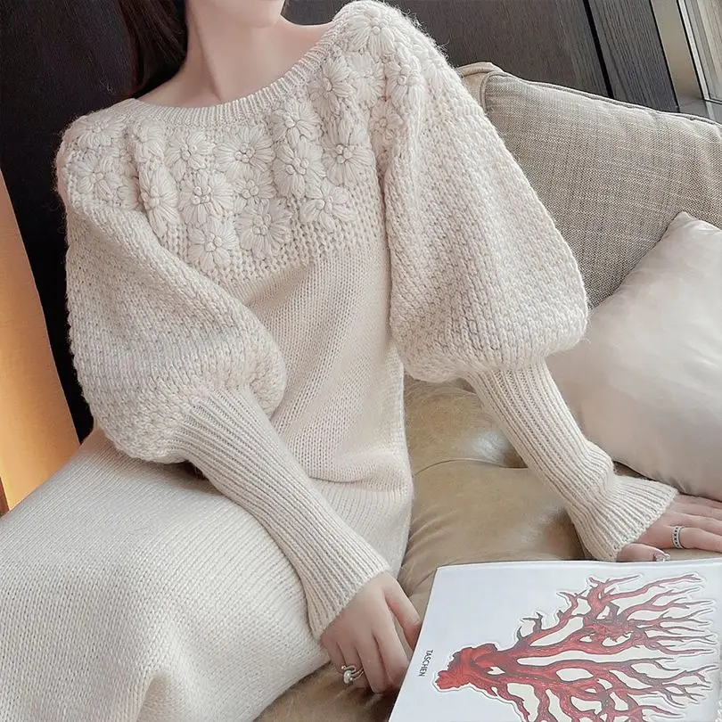 

Vintage Split Sweater Woman Dress Winter Clothes Knitting Dresses for Women Autumn Warm Casual Pollover 2023 Solid Korean C13