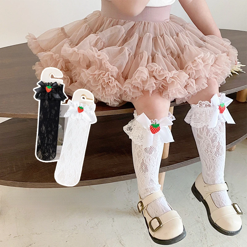 

New Mesh Thin Bow Baby Girl Stockings Summer Cute Lolita Rose Strawberry Lace Princess Comfortable Elasticity Long Tube Booties