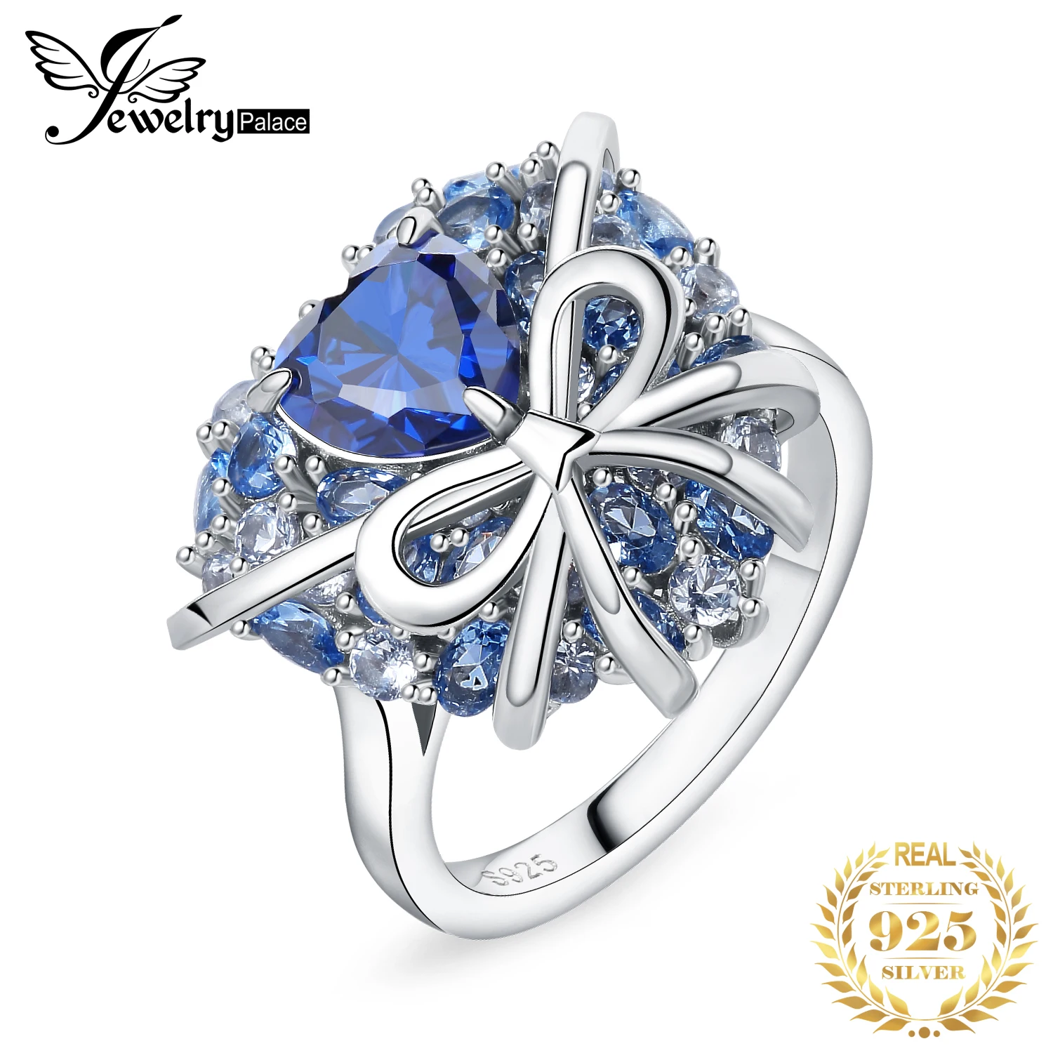 

JewelryPalace New Arrival Heart Bow Love 5ct Blue Gemstone Created Blue Spinel 925 Sterling Silver Cocktail Ring for Woman Girl