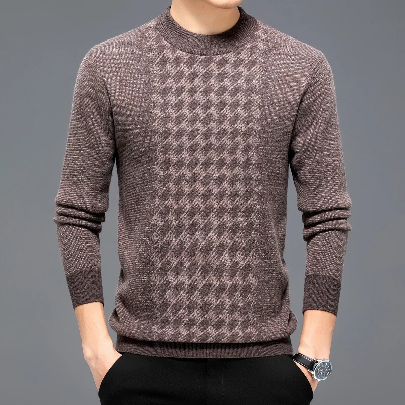 Men's High-End Sweater 100 Pure Wool Half Turtleneck Pullover Winter Thickened Plaid Jacquard Casual Sweater