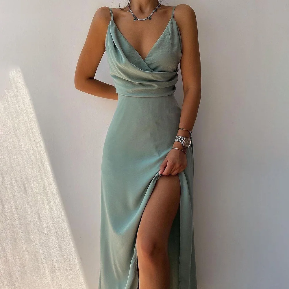 

2022 Summer V Neck Ruched Split Thigh Cami Maxi Dress Holiday Sleeveless Spaghetti Strap Sexy Ruch Dress Womens Long Party Dress
