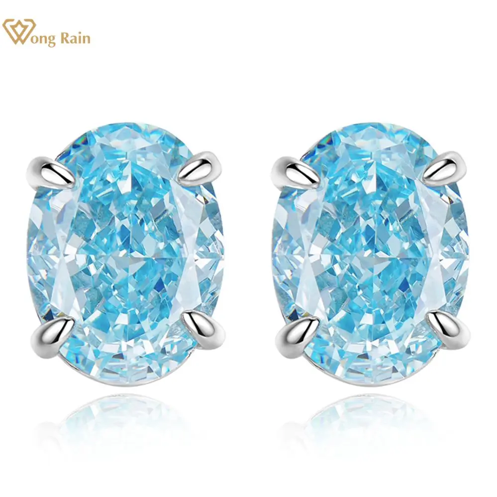 

Wong Rain 925 Sterling Silver Crushed Ice Cut Aquamarine High Carbon Diamonds Gemstone Ear Studs Earring Wedding Fine Jewelry
