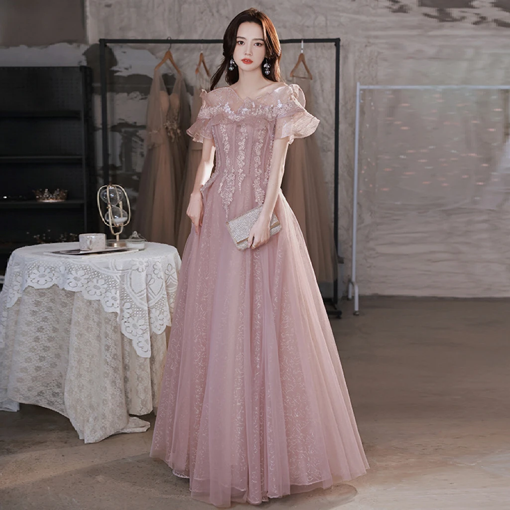 

Luxurious Pink Prom Dress A-Line Off Shoulder Strapless Applique Sequined Ruffle Floor Length Lace Up Formal Evening Party Gown
