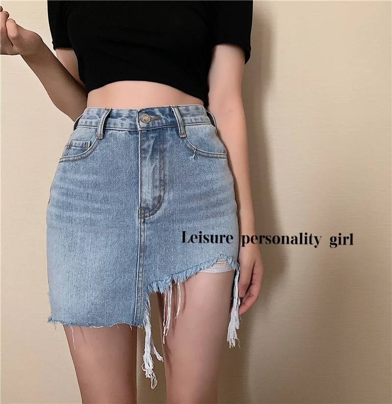 

Ripped Tassel Summer Sheath Skirts Women Korean Vintage Denim Jeans Skirt High Waist Bodycorn Pockets Shorts Skirt