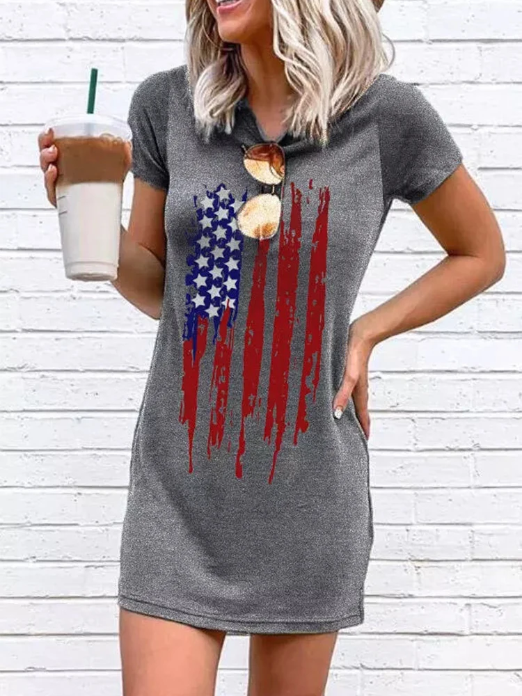 

Short Sleeve Dress Independence Day Print Mini Dress Women Summer Vintage Dress Beach Streetwear Solid Stretch Lady Dresses