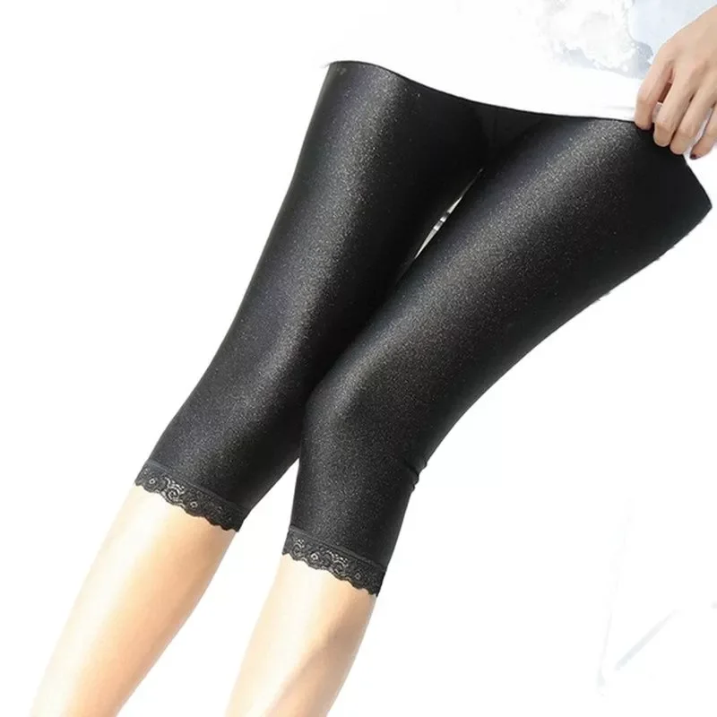 

2020 fashion new solid pencil pant floral lace spliced knee length capris women king size black neon shine pants