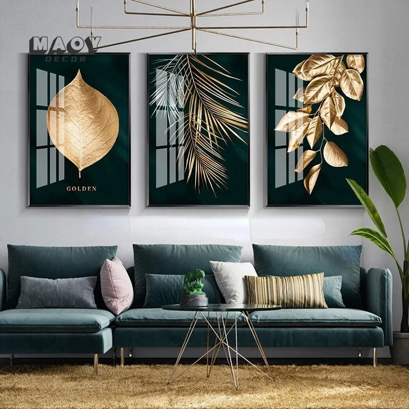 

Abstract Golden Plant Leaves Frame Poster Wall Art Modern Style three-dimensional Canvas Painting Prints for Living Room Decor