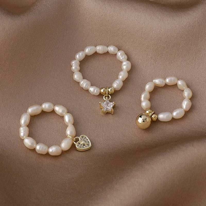 

2023 Natural Freshwater Pearl Beaded Elastic Ring Minimalist Finger Jewelry Star Heart Rings For Women Party Geometric Jewelry