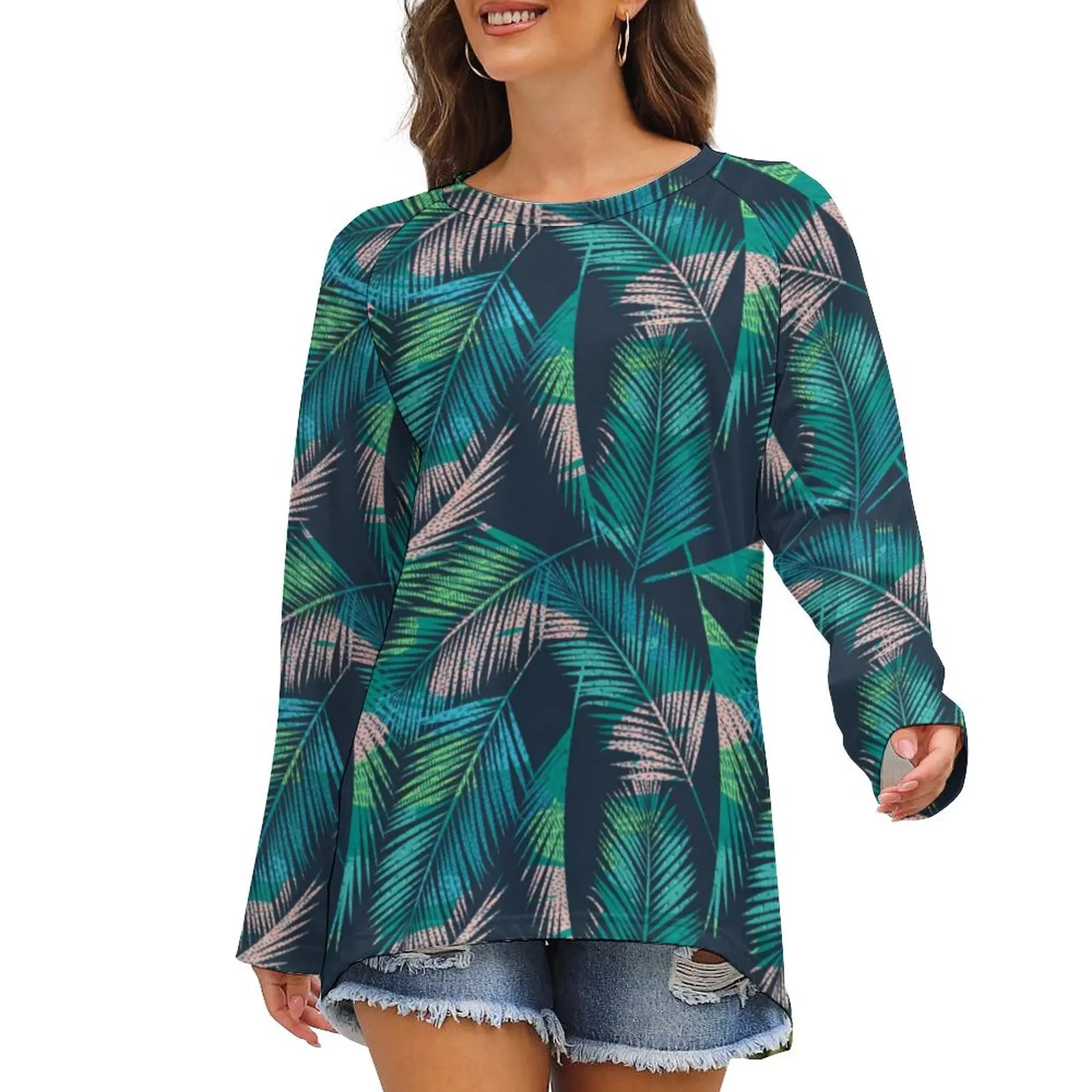 

Tropical Palm Leaves T-Shirt Colorful Botanical Pretty Long-Sleeve T Shirts Female Casual Tshirt Oversize Print Tees